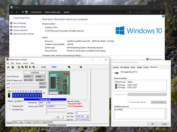 Screenshot showing the Willem software running correctly on a 64-bit version of Windows 10