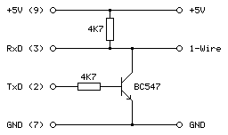 Circuit diagram for the Z88 to 1-Wire interface circuit