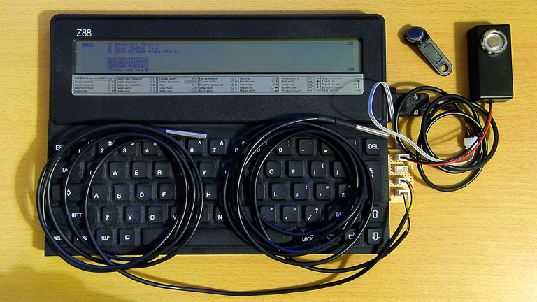 Photo of a Z88 running connected to many 1-wire devices and running the demo program