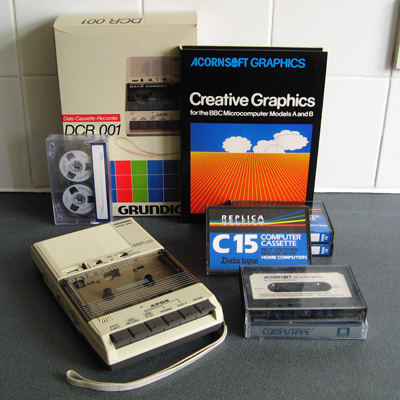 A selection of tapes and a tape data recorder.