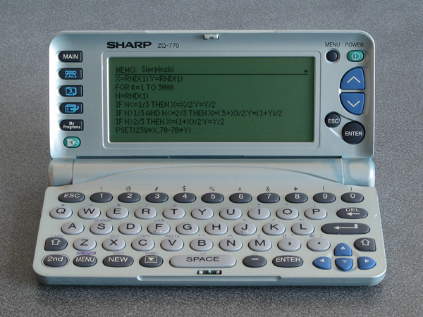 Photo of a ZQ-770 with a BASIC program for generating a Sierpinski triangle typed into a memo