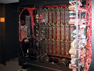 Some more detail of the inside of the bombe. The bundle of wires to the left of the image are connected to a bank of control switches and the start/stop lever.