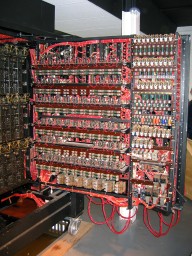 The back of the door on the opened bombe, showing some more of the electronics and wiring.