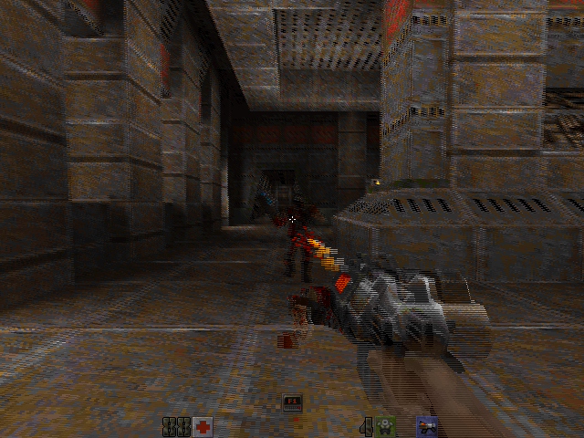 Quake II's tweaked software renderer that now supports row-interleaved stereoscopic 3D.
