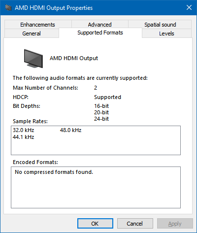 Sound properties showing that only PCM formats are supported