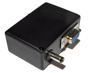 The barrel plug and DE-15 VGA connectors on the output side of the CVBS adaptor