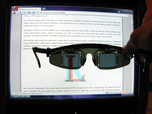 LCD shutter glasses showing the left eye view of a row-interleaved image