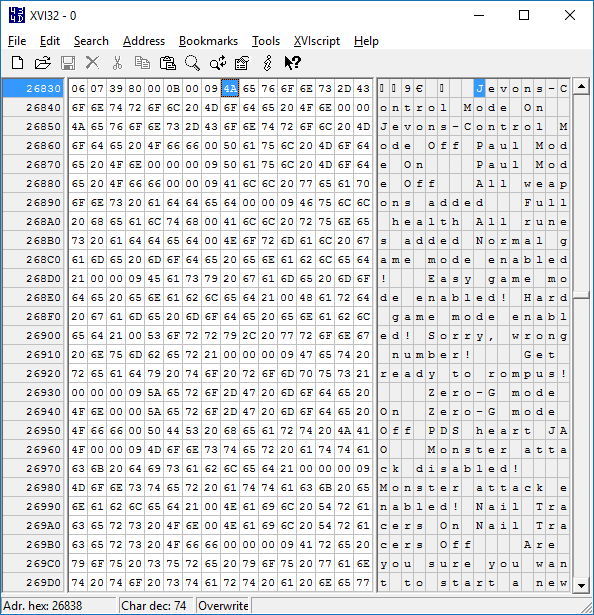 Screenshot of hex editor showing cheat message strings