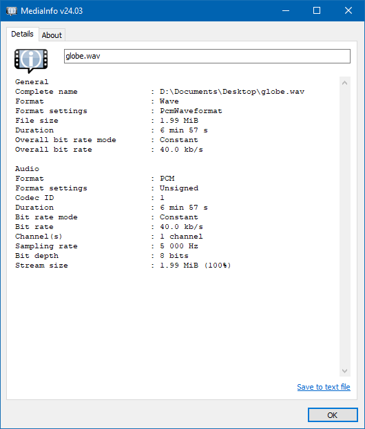 Screenshot of MediaInfo showing the 5kHz sample rate of the recording